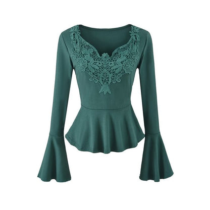 Long Sleeve V-Neck Lace Panel Peplum Tee