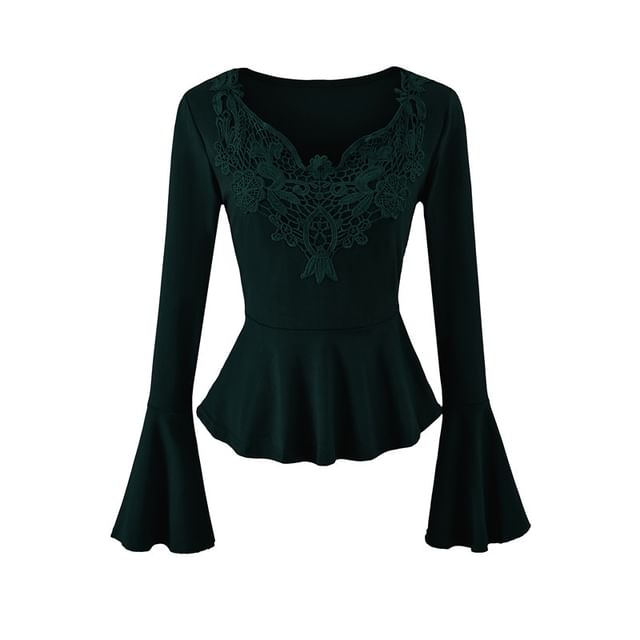 Long Sleeve V-Neck Lace Panel Peplum Tee