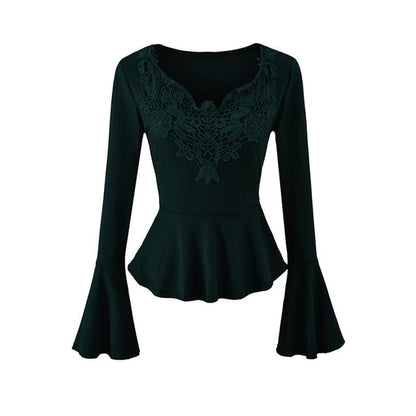 Long Sleeve V-Neck Lace Panel Peplum Tee
