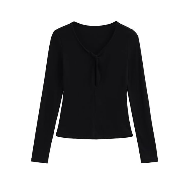 Long Sleeve V-Neck Lace Cutout Slim Crop Tee