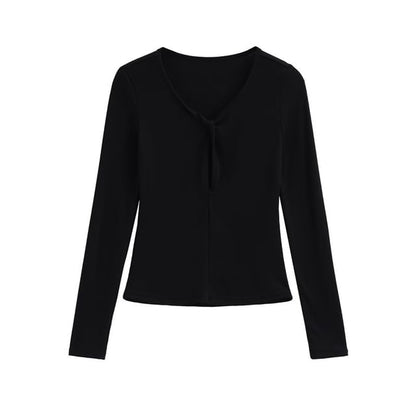 Long Sleeve V-Neck Lace Cutout Slim Crop Tee