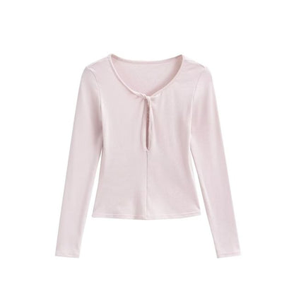 Long Sleeve V-Neck Lace Cutout Slim Crop Tee