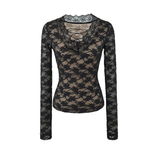 Long Sleeve V-Neck Lace Slim Crop Tee