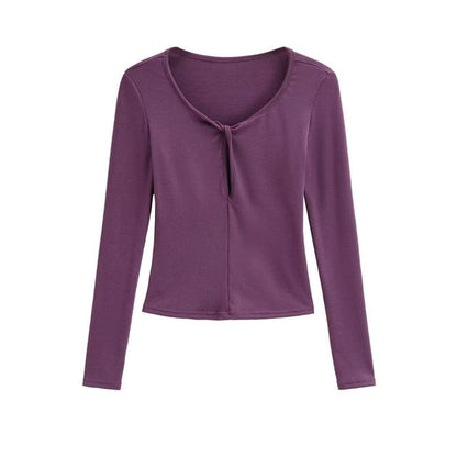 Long Sleeve V-Neck Lace Cutout Slim Crop Tee