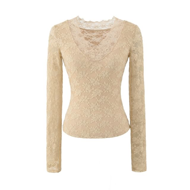 Long Sleeve V-Neck Lace Slim Crop Tee