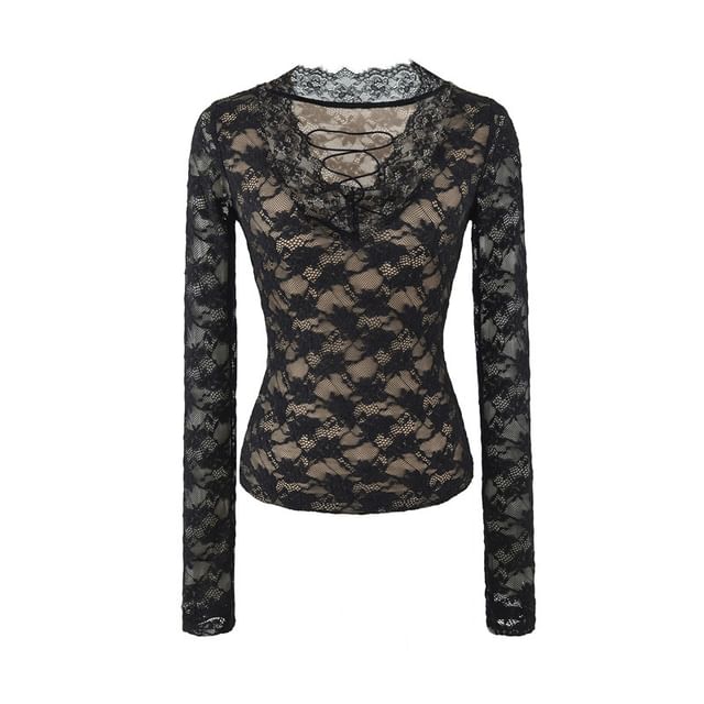Long Sleeve V-Neck Lace Slim Crop Tee