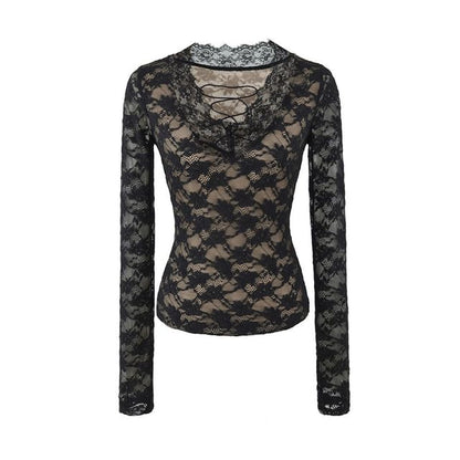 Long Sleeve V-Neck Lace Slim Crop Tee