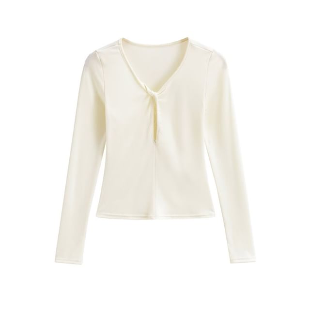 Long Sleeve V-Neck Lace Cutout Slim Crop Tee