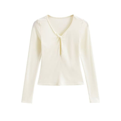 Long Sleeve V-Neck Lace Cutout Slim Crop Tee