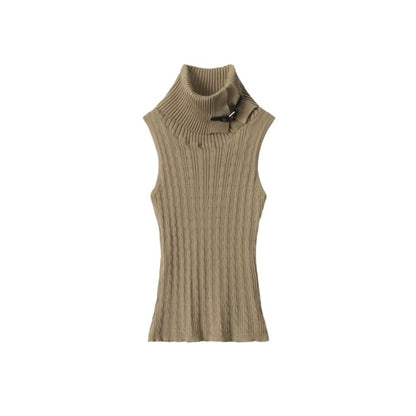 Sleeveless Turtleneck Solid Buckled Cable Knit Top