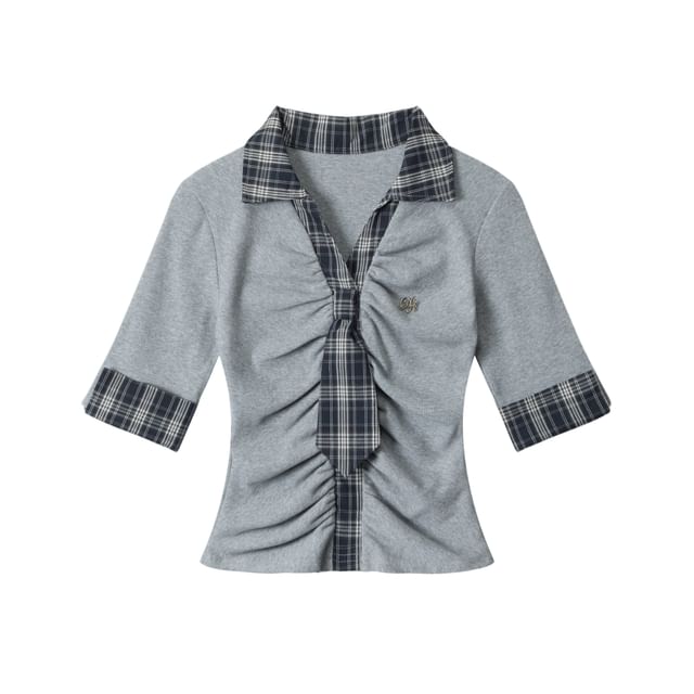 Plaid Panel Necktie Ruched Tee - Collared V-Neck