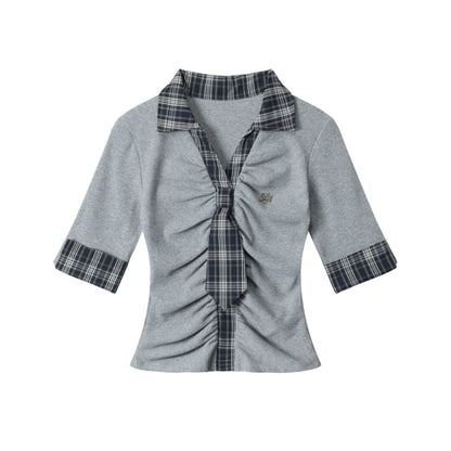 Plaid Panel Necktie Ruched Tee - Collared V-Neck