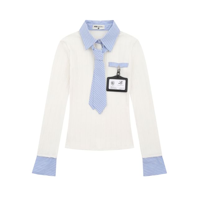 Striped Mock Neck Two-Piece Set with Necktie & Badge