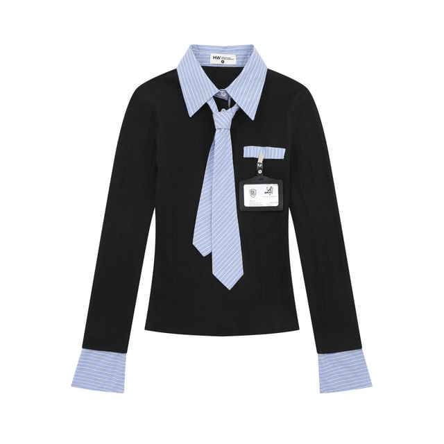 Striped Mock Neck Two-Piece Set with Necktie & Badge