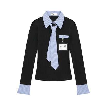 Striped Mock Neck Two-Piece Set with Necktie & Badge
