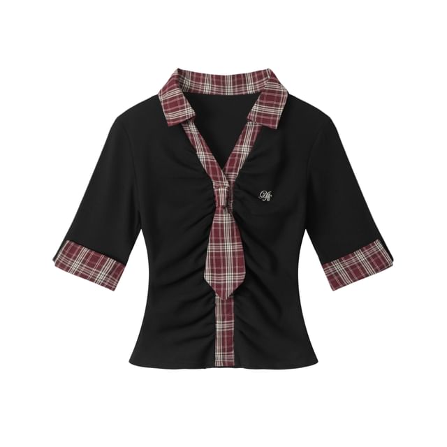 Plaid Panel Necktie Ruched Tee - Collared V-Neck