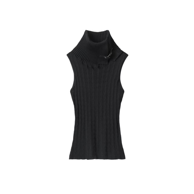 Sleeveless Turtleneck Solid Buckled Cable Knit Top