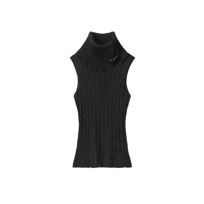 Sleeveless Turtleneck Solid Buckled Cable Knit Top