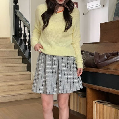 Gingham Checkered Mini Pleated Skirt with Mid Waist
