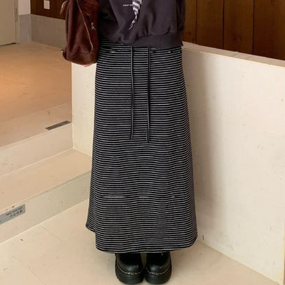 Striped Maxi A-Line Skirt with Mid Rise Waist