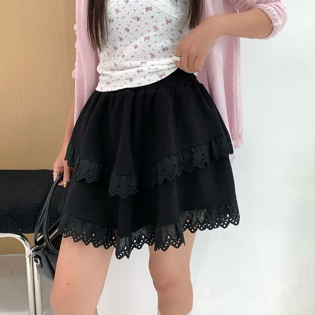 Elastic Waist Mini Skirt with Lace Trim and Tiered Layers