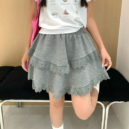 Elastic Waist Mini Skirt with Lace Trim and Tiered Layers