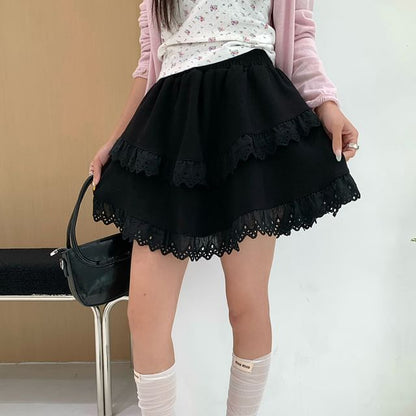 Elastic Waist Mini Skirt with Lace Trim and Tiered Layers