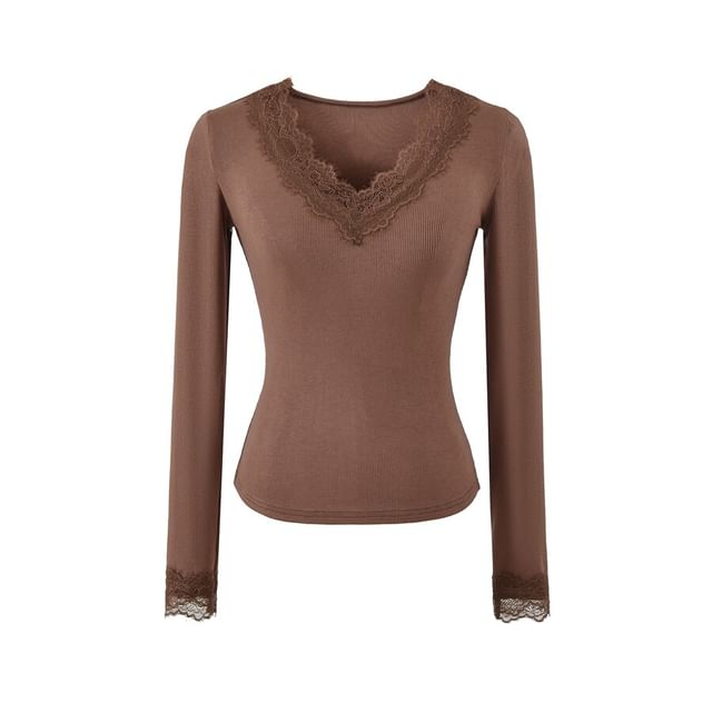 V-Neck Panel Lace Long-Sleeve Top