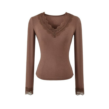 V-Neck Panel Lace Long-Sleeve Top