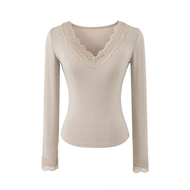 V-Neck Panel Lace Long-Sleeve Top