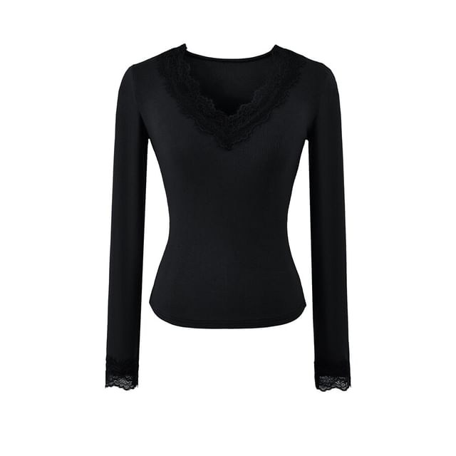 V-Neck Panel Lace Long-Sleeve Top