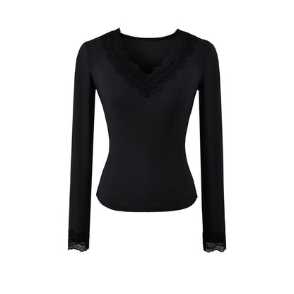 V-Neck Panel Lace Long-Sleeve Top