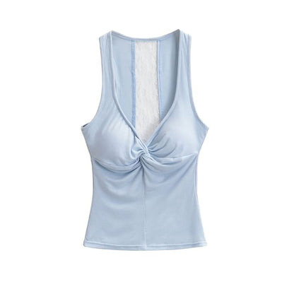 V-Neck Twist Padded Lace Tank Top