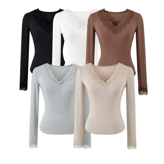 V-Neck Panel Lace Long-Sleeve Top