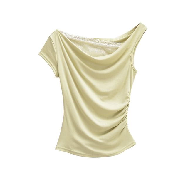 Cowl Neck Mock Two-Piece Ruched Lace Top