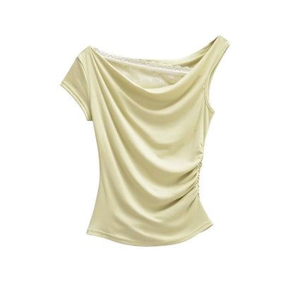 Cowl Neck Mock Two-Piece Ruched Lace Top