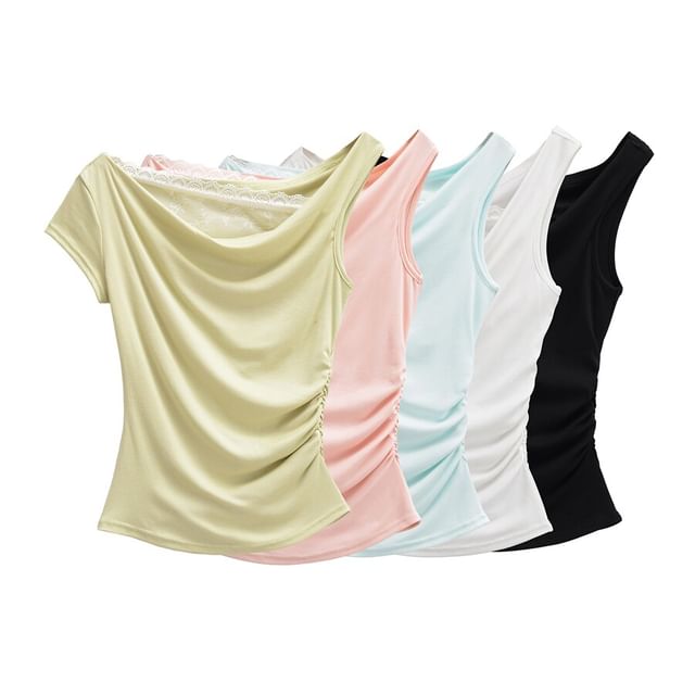 Cowl Neck Mock Two-Piece Ruched Lace Top