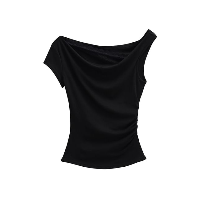 Cowl Neck Mock Two-Piece Ruched Lace Top