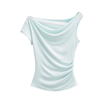 Cowl Neck Mock Two-Piece Ruched Lace Top
