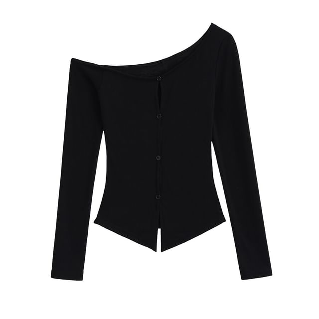 One-Shoulder Button Panel Lace Top