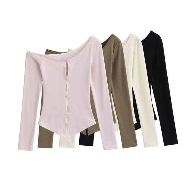 One-Shoulder Button Panel Lace Top