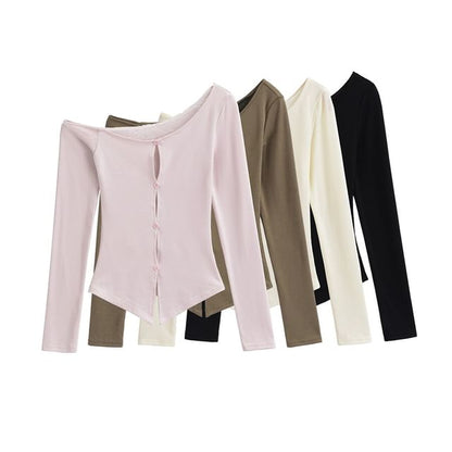 One-Shoulder Button Panel Lace Top