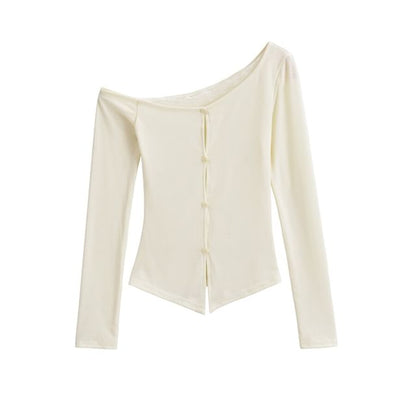 One-Shoulder Button Panel Lace Top