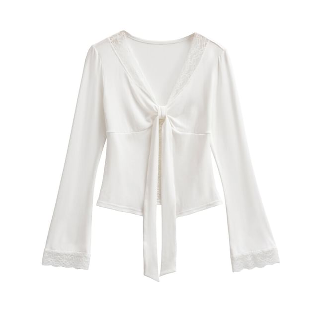 V-Neck Tie-Up Lace Panel Top