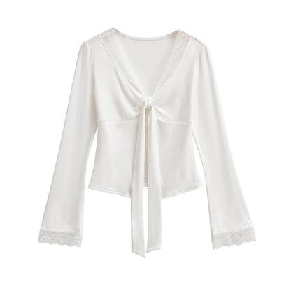 V-Neck Tie-Up Lace Panel Top