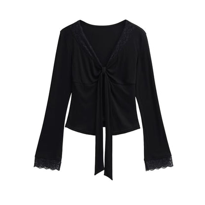 V-Neck Tie-Up Lace Panel Top