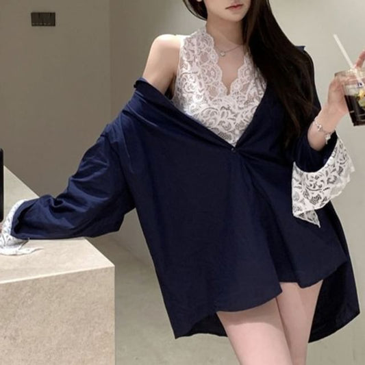Plain Long-Sleeve Shirt and Lace Tank Set
