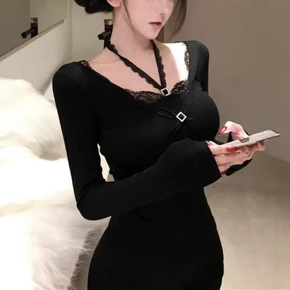 Halter Neck Lace Crop Top with Long Sleeves