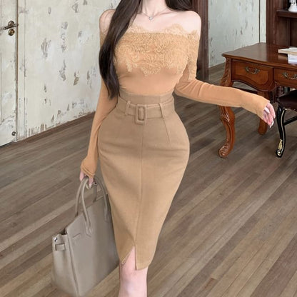 Off-Shoulder Lace Trim Top and Belted Pencil Skirt