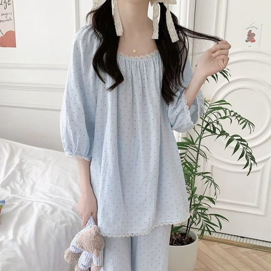 Dotted Lace Trim Pajama Set and Dress